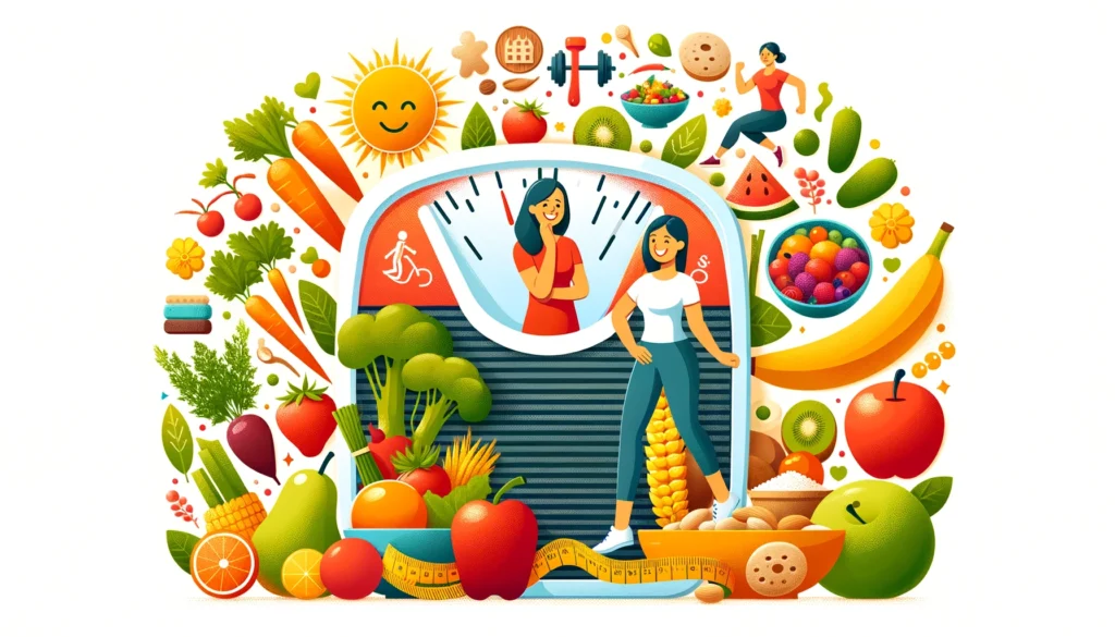 the image representing the concept of maintaining a healthy weight. It features a person on a scale, healthy foods, and someone engaging in moderate exercise, emphasizing the importance of a balanced diet and active lifestyle.







