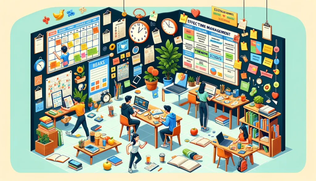 images representing various effective time management strategies for academic success. They illustrate students setting goals, prioritizing tasks, creating schedules, avoiding procrastination, utilizing technology, taking breaks, staying organized, seeking help, maintaining a healthy balance, and reflecting and adjusting their strategies.