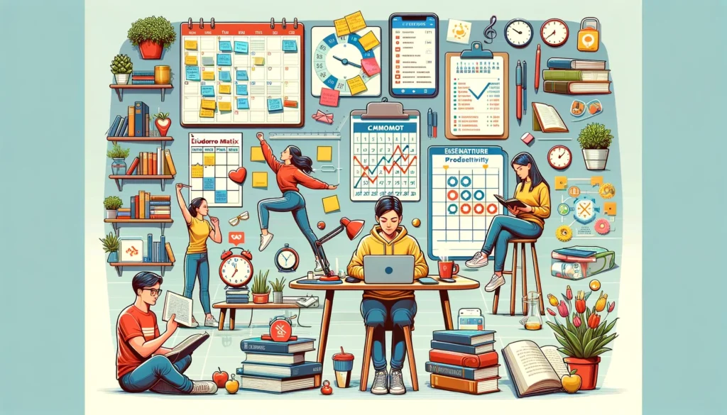 images representing various effective time management strategies for academic success. They illustrate students setting goals, prioritizing tasks, creating schedules, avoiding procrastination, utilizing technology, taking breaks, staying organized, seeking help, maintaining a healthy balance, and reflecting and adjusting their strategies.