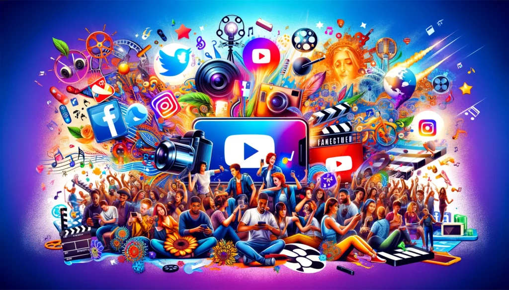 images depicting the impact of social media on modern entertainment and consumer behavior, highlighting the concept of brand following and social media guiding purchasing decisions
